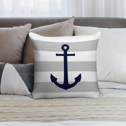 Nautical Navy Blue Anchor On Gray Stripes Soft High-Density Material Throw Pillow