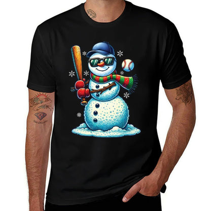 Snowman Playing Baseball Lovers Boys Kidsns Christmas  High-quality Stitching T-Shirt