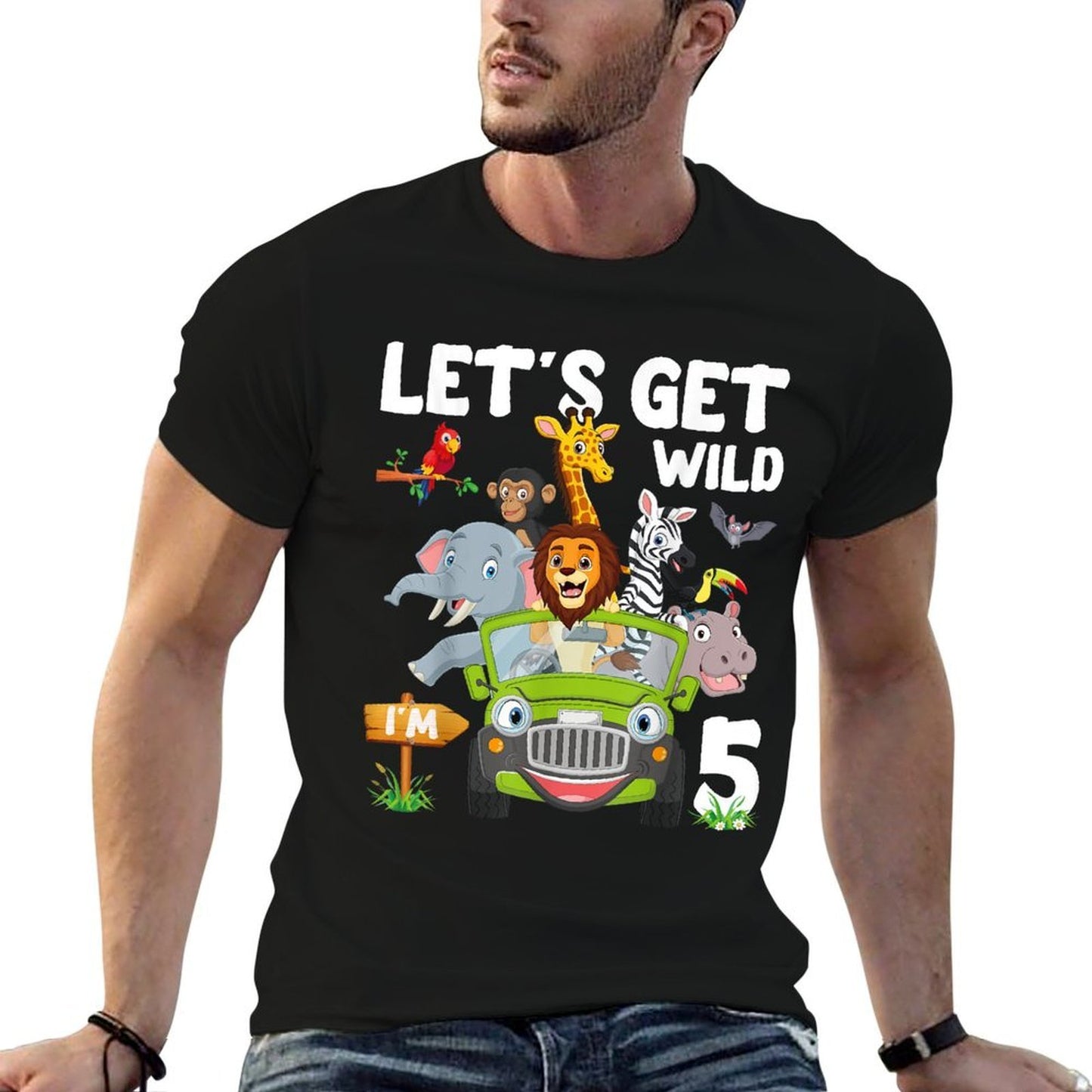 Safari Jungle Animal Let's Get Wild I'm 5 Year Old Birthday  Ribbed Collar T-Shirt