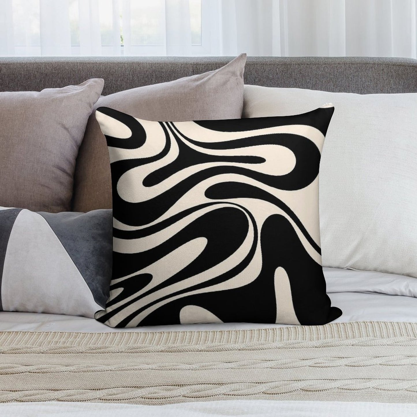 Retro Fantasy Swirl Abstract in Black And Almond Cream Soft Durable Construction Throw Pillow