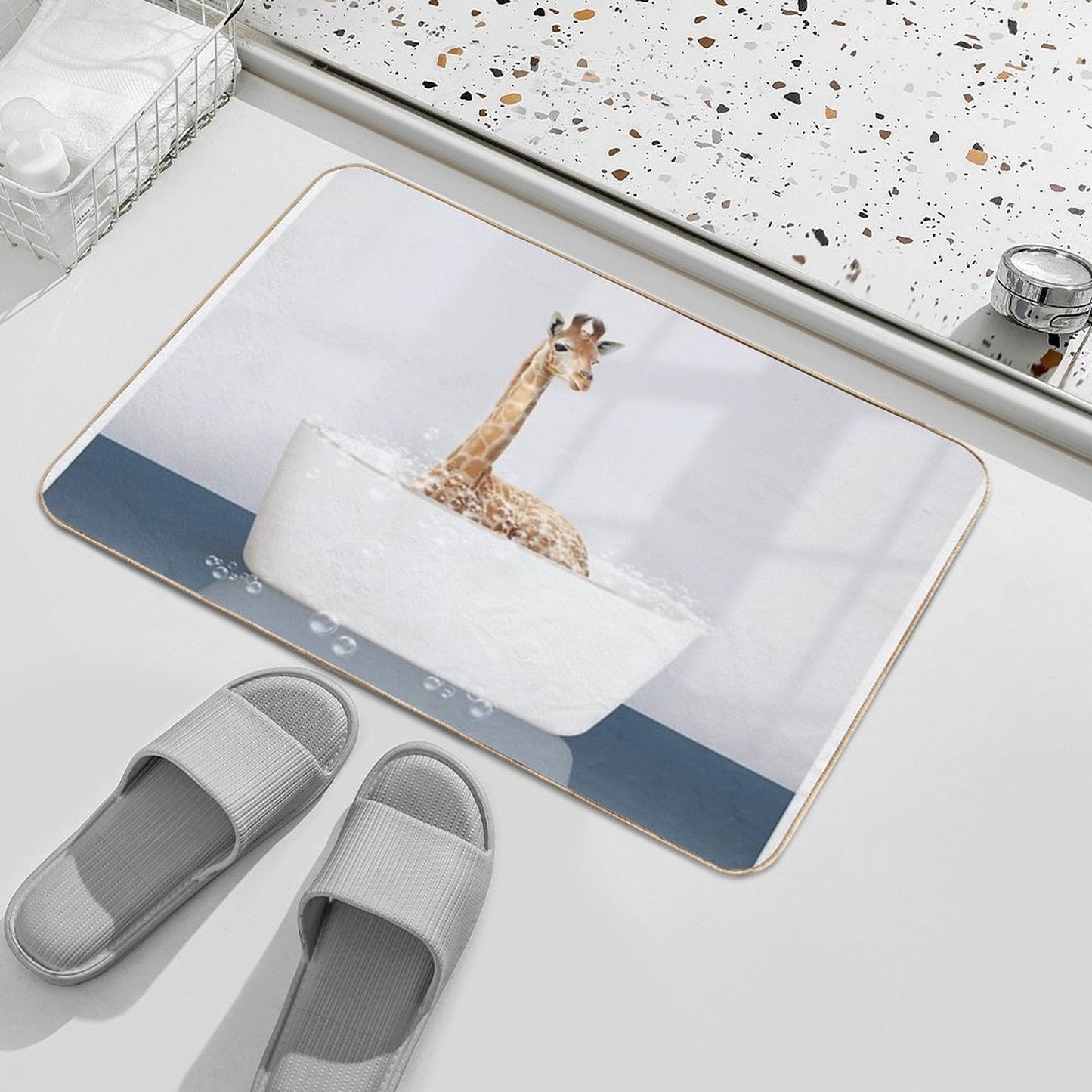 Baby Giraffe in Modern Bathtub Blue Print, Baby Giraffe Bathing, Animals in Bathtub Art by Synplus  Pet-Safe Bath Mat