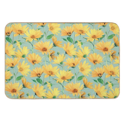 Painted Golden Yellow Daisies on Soft Sage Green  Long-Lasting Bath Mat