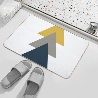 Triangle Trio. Minimalist Geometric in Light Mustard Yellow, White, Grey, And Navy Blue  Pet-Safe Bath Mat