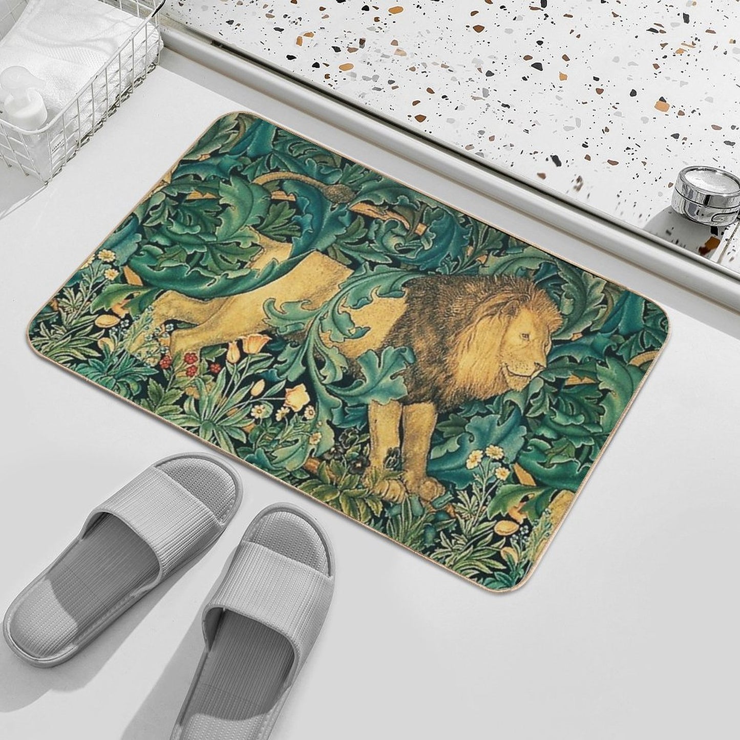 GREENERY ,FOREST ANIMALS, LION Antique Tapestry  Versatile Bath Mat