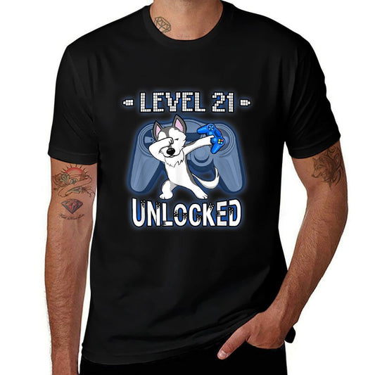 Level 21 Unlocked - Funny Dabbing Husky Gamer 21st Birthday  Wrinkle-resistant T-Shirt