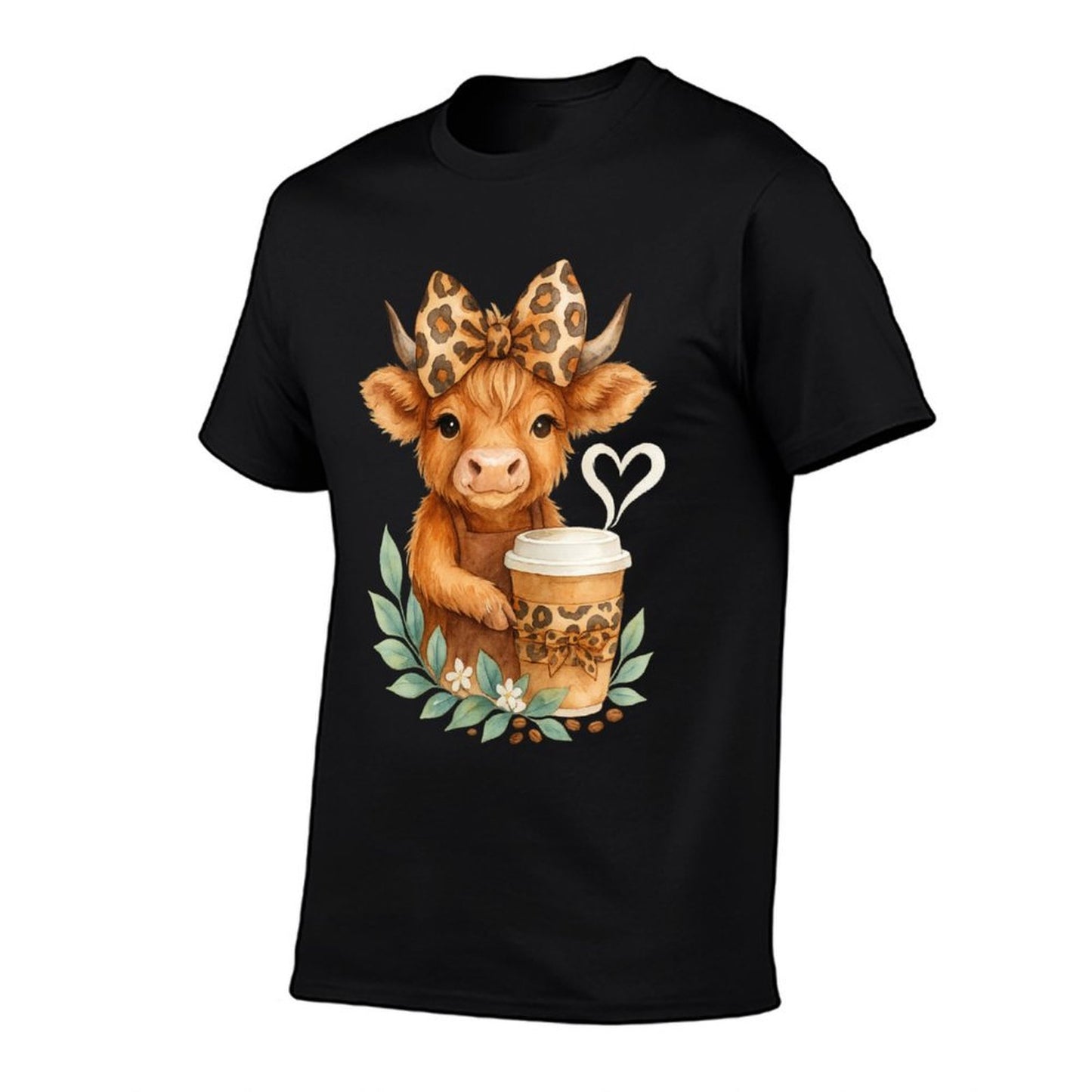 Cute Cow Holding Coffee Highland Cow with Leopard Bow  Classic T-Shirt