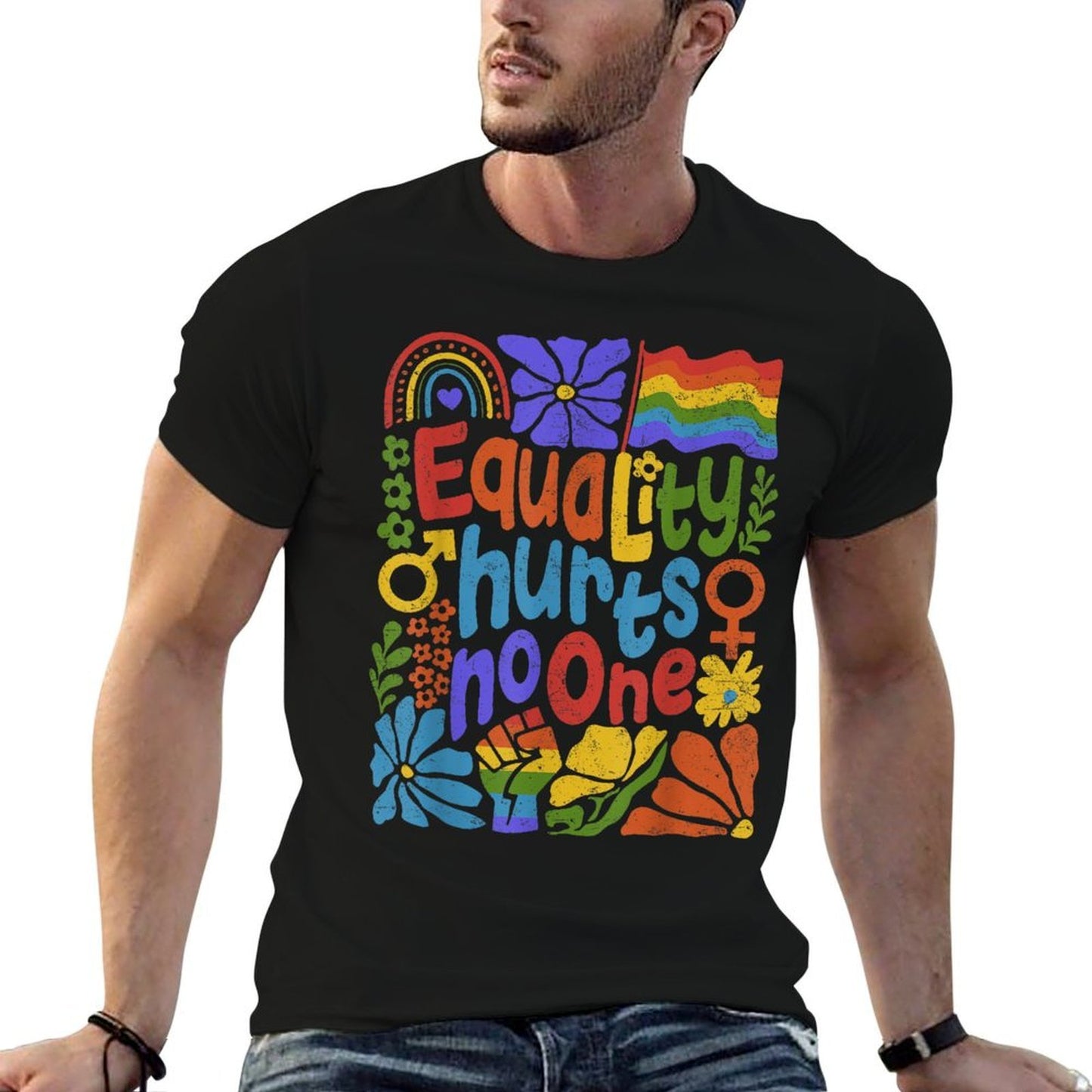 Boho Floral Equality Hurts No One Support LGBTQ Pride Month  Ribbed Collar T-Shirt