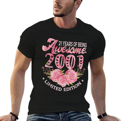 21 Year Old Pink Vintage 2001 Bday 21st Birthday Women  Rolled Sleeves T-Shirt