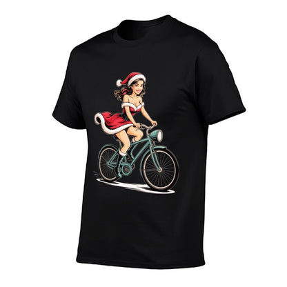 Pinup Christmas Santa Girl on Bicycle Vintage Retro Holiday  Ribbed Collar T-Shirt