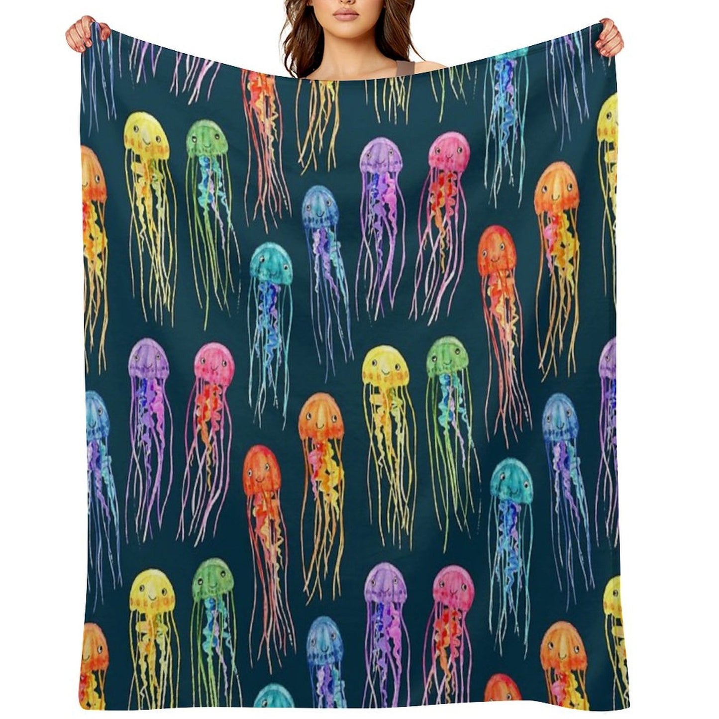Rainbow Watercolor Jellies on Dark Teal Velvety-soft Throw Blanket