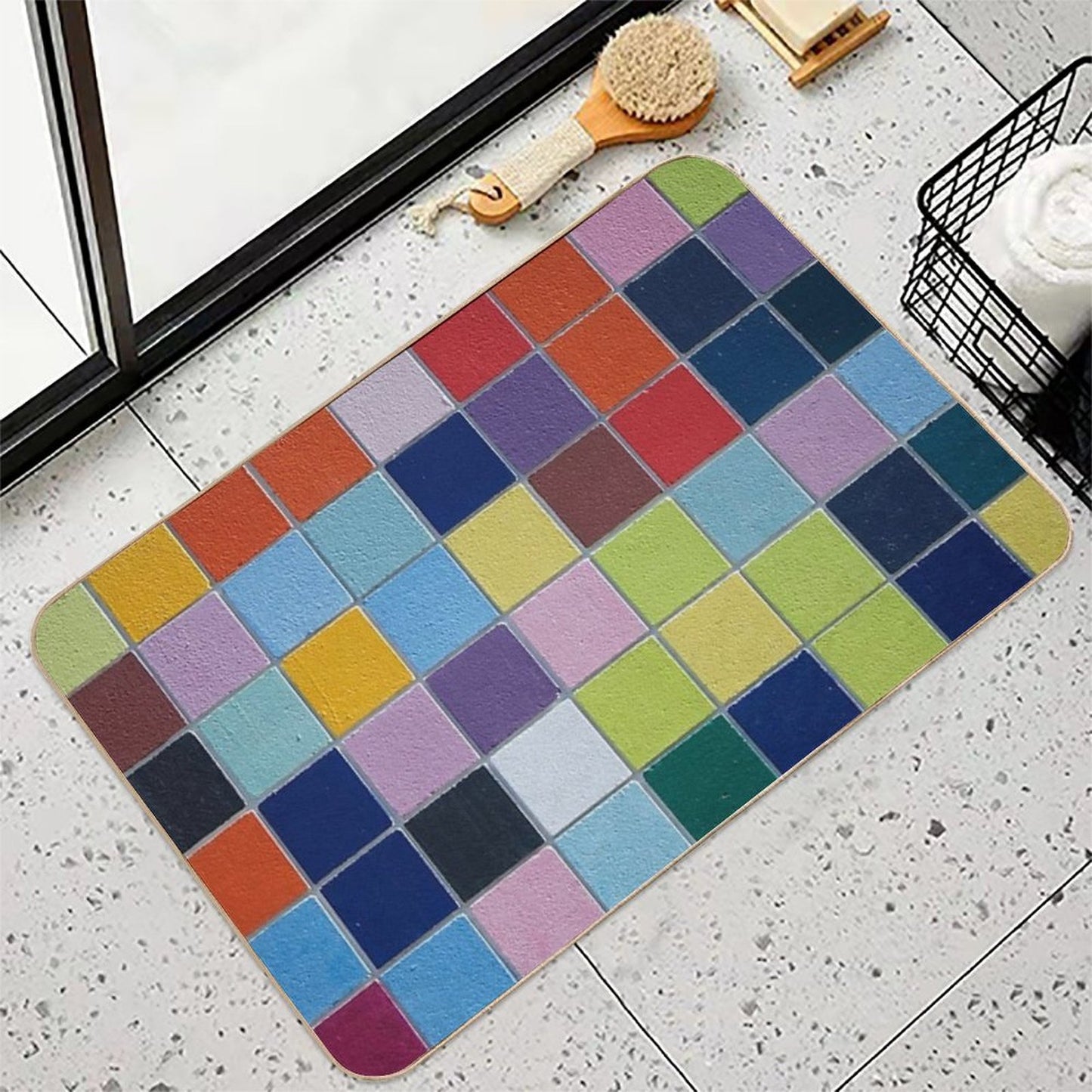 Colourful Tiles on Wall  Long-Lasting Bath Mat
