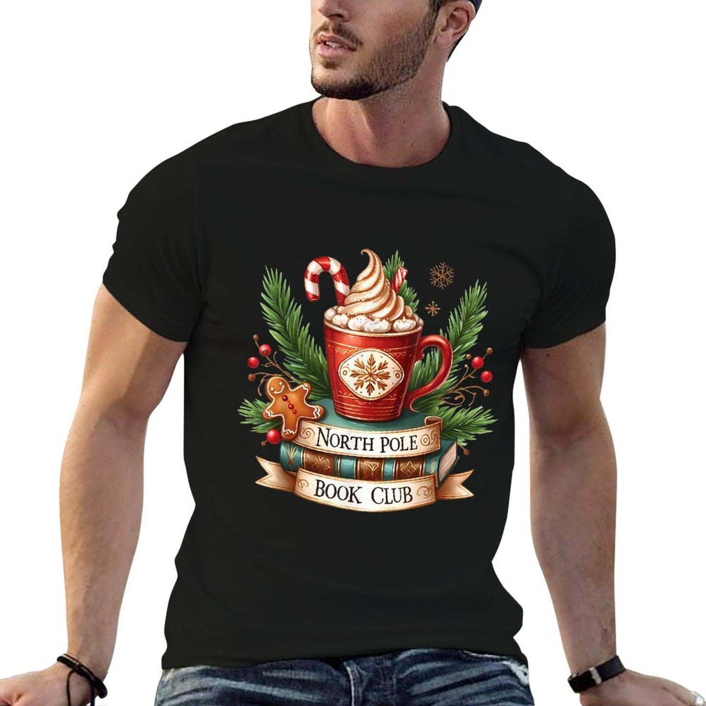 Funny North Pole Book Club Hot Cocoa Bookworm Christmas Xmas  Heathered Texture T-Shirt