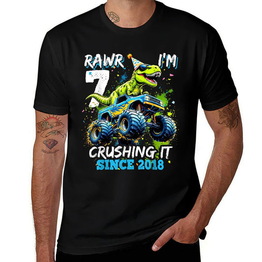 7th Birthday Monster Truck Dinosaur Party Boys Rawr I'm 7  Versatile T-Shirt