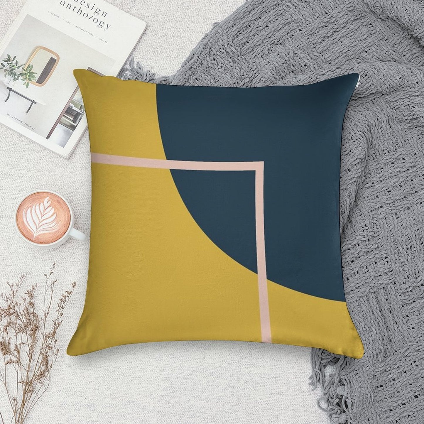 Abstract Geometric Minimalist Navy Blue, Mustard Yellow, And Blush Pink Soft Ultra-Soft Texture Throw Pillow