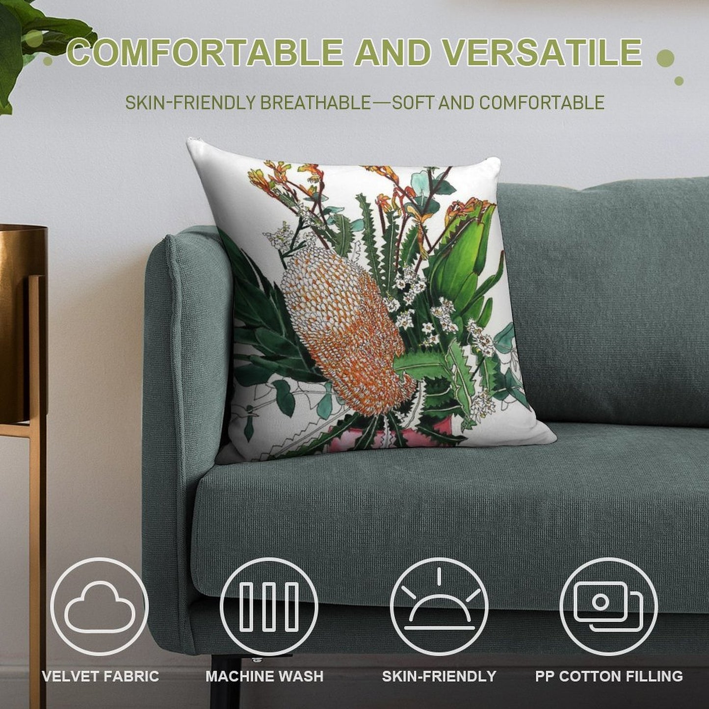 Australian Native Arrangement Banksia Kangaroo Paw Soft Skin-Friendly Throw Pillow