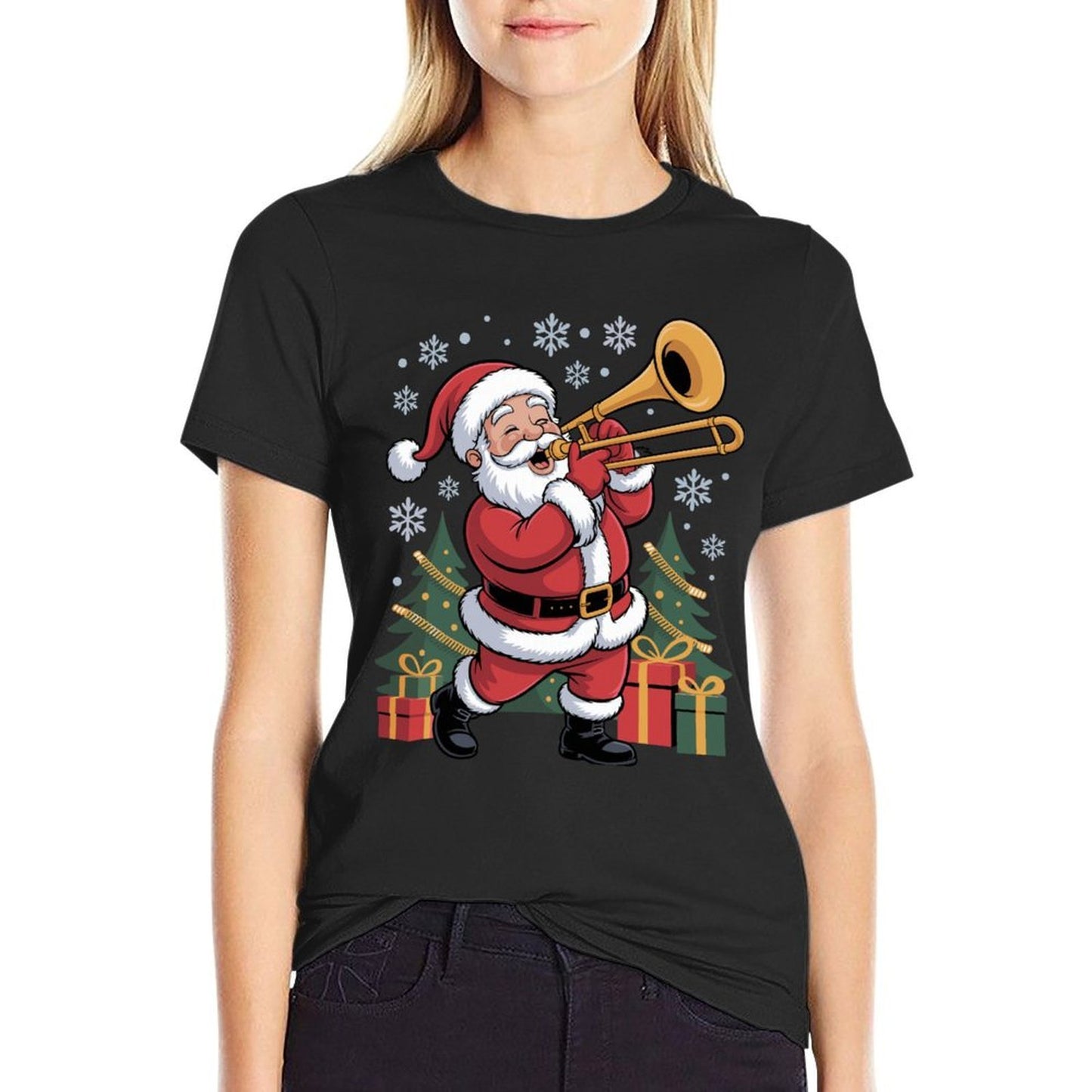 Santa Playing Trombone Funny Holiday Chrismas Xmas Pajama  Summer-ready Fabric T-Shirt