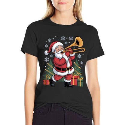 Santa Playing Trombone Funny Holiday Chrismas Xmas Pajama  Summer-ready Fabric T-Shirt