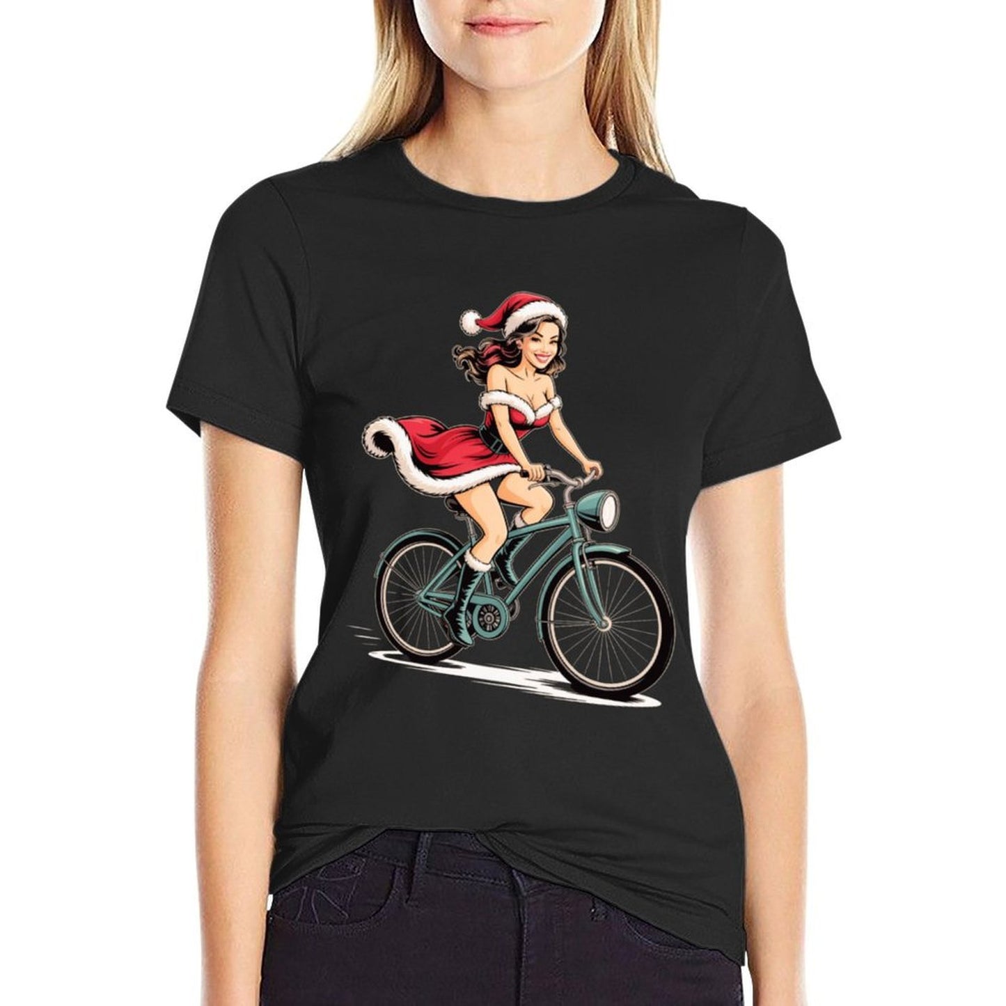 Pinup Christmas Santa Girl on Bicycle Vintage Retro Holiday  Ribbed Collar T-Shirt