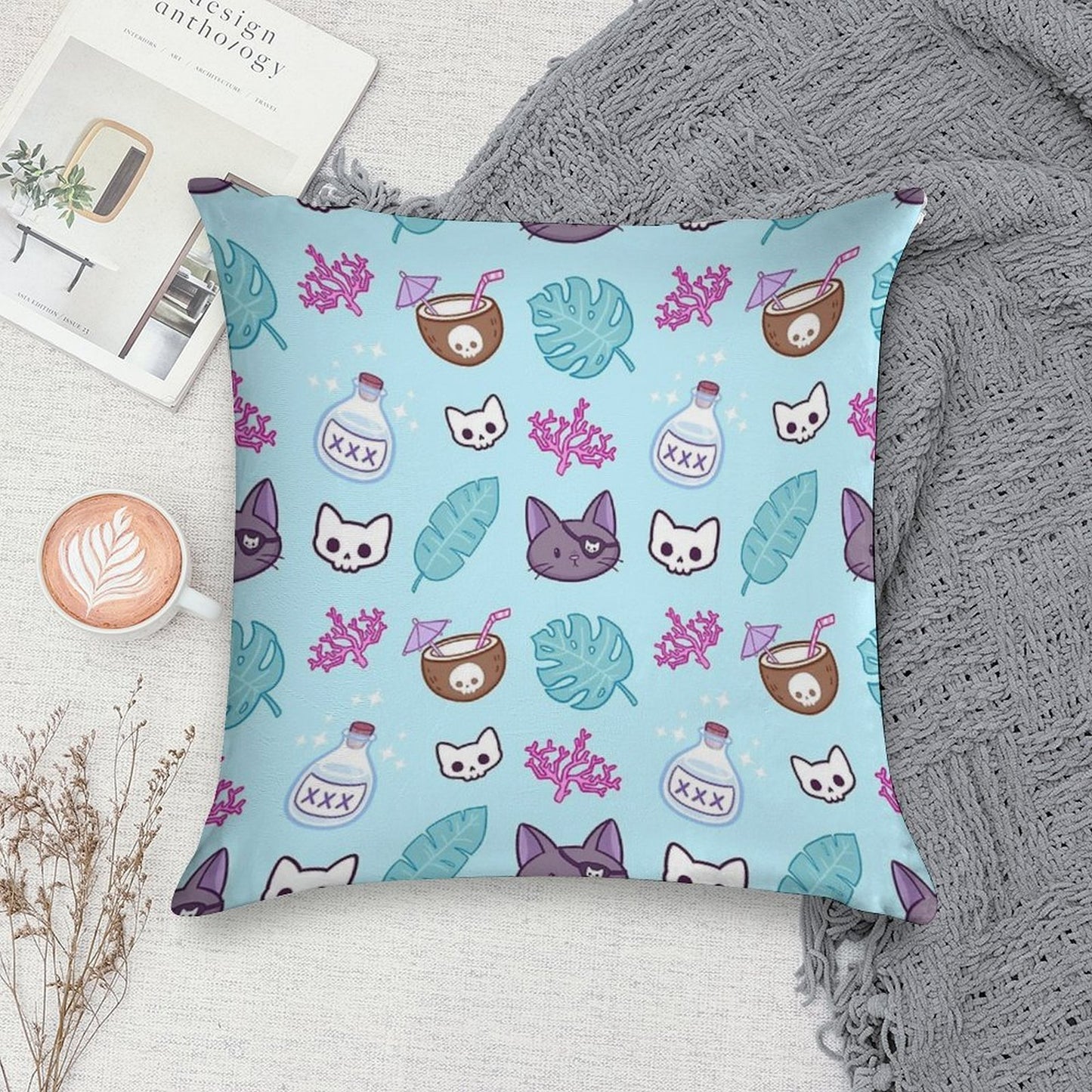 Pirate Cat  Turquoise  Nikury Soft Short Plush Fabric Throw Pillow