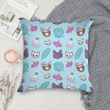 Pirate Cat  Turquoise  Nikury Soft Short Plush Fabric Throw Pillow