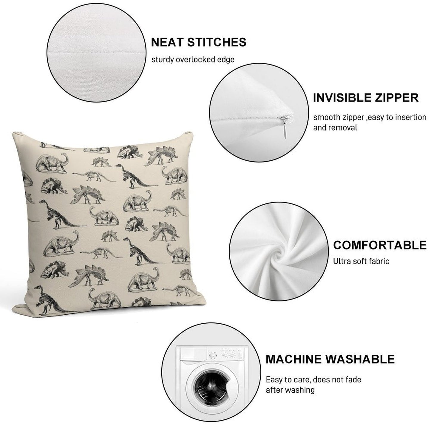Vintage Museum Dinosaur Skeleton Illustrations, Black & Cream Dinos Soft Easy Maintenance Throw Pillow