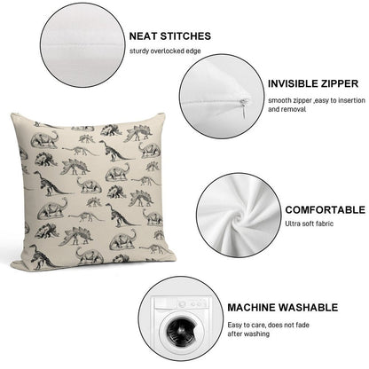 Vintage Museum Dinosaur Skeleton Illustrations, Black & Cream Dinos Soft Easy Maintenance Throw Pillow