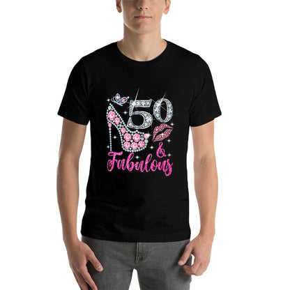 50 & Fabulous Diamond Crown Shoes Queen 50 Yrs Old Birthday  Fade-proof Color T-Shirt