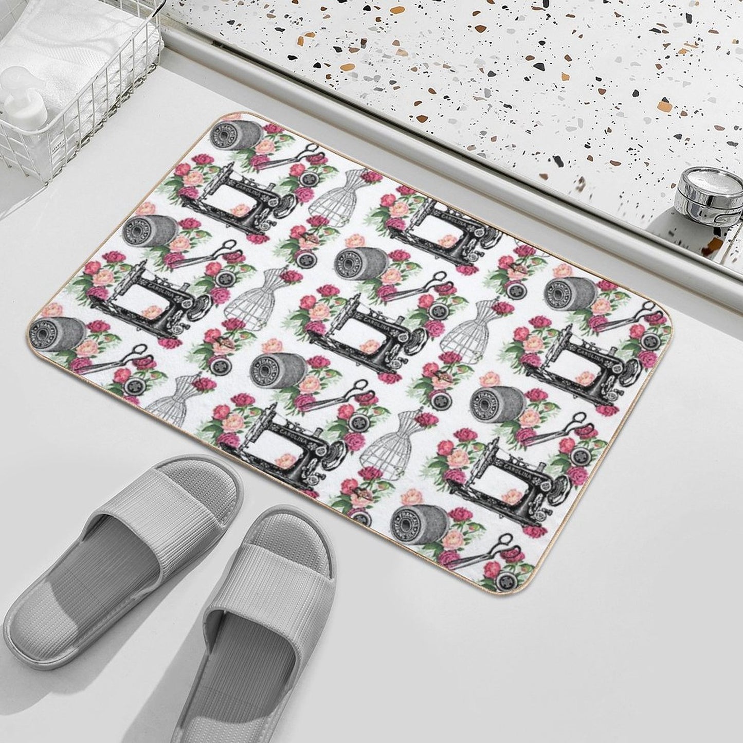 Vintage Sewing Pink Roses  Rapid-Drying Bath Mat