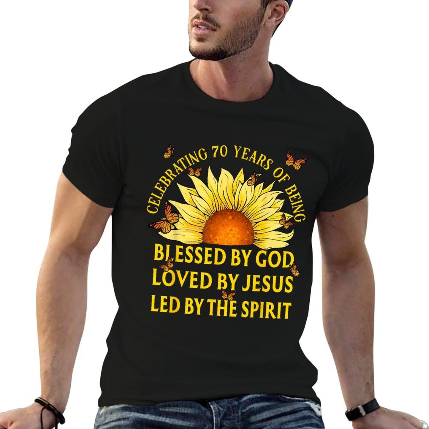 Blessed By God For 70 Years Yellow Sunflower Birthday  Durable T-Shirt
