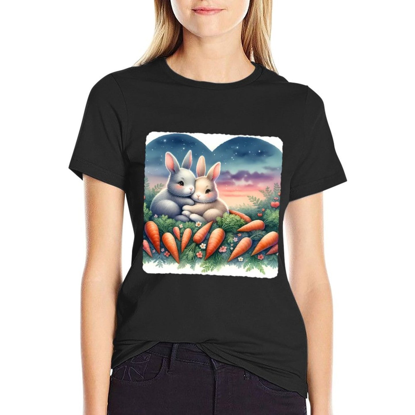 Rabbits Snuggle Among Heart-Carrots, Dusk  Easy-care T-Shirt