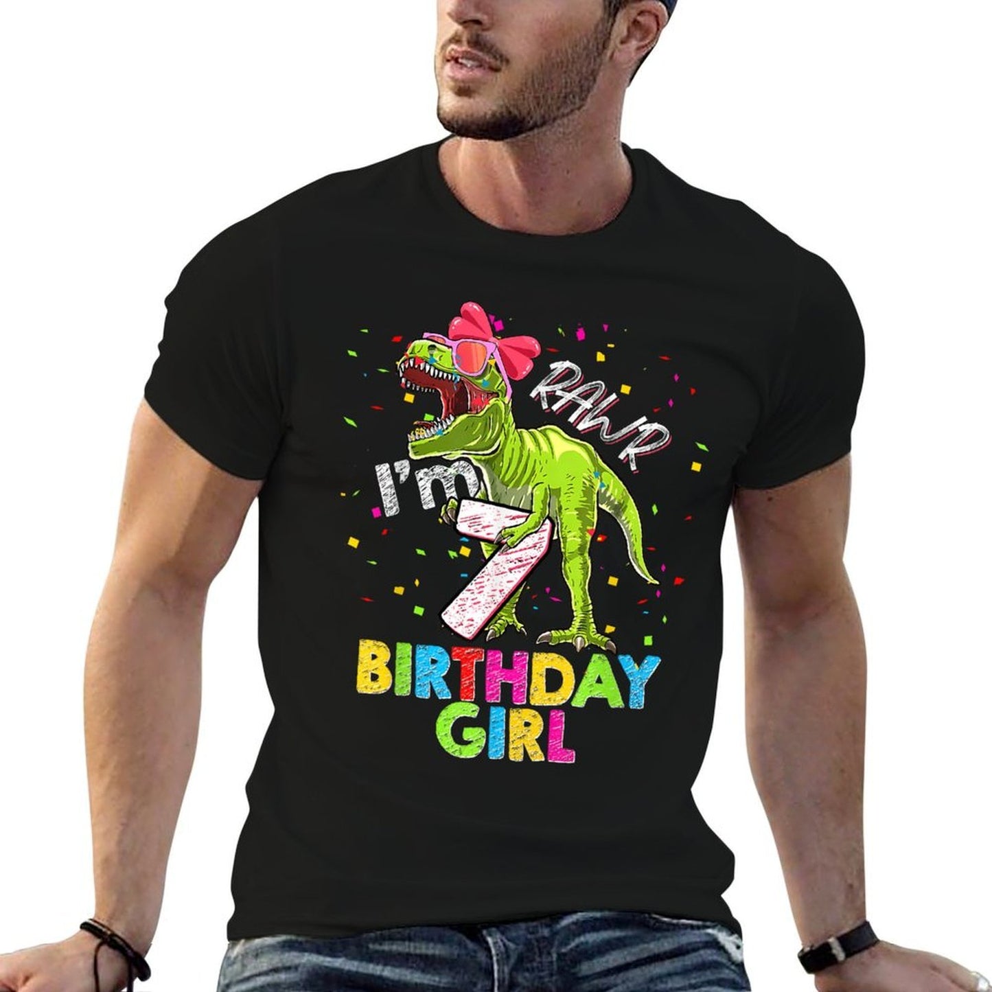 Kids Rawr I'm 7 7th Birthday T Rex Dinosaur Party For Girls  High-quality Stitching T-Shirt