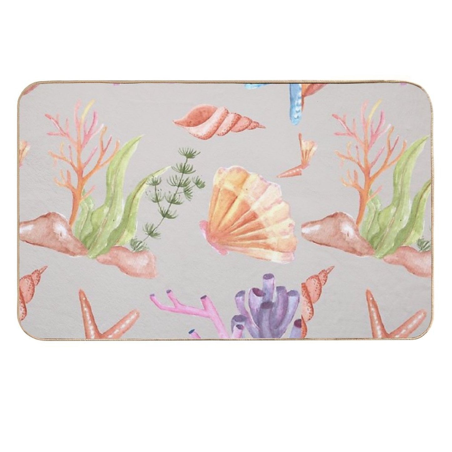 Watercolor Marine Life Pattern - Seashells, Starfish, And Coral Durable Bath Mat