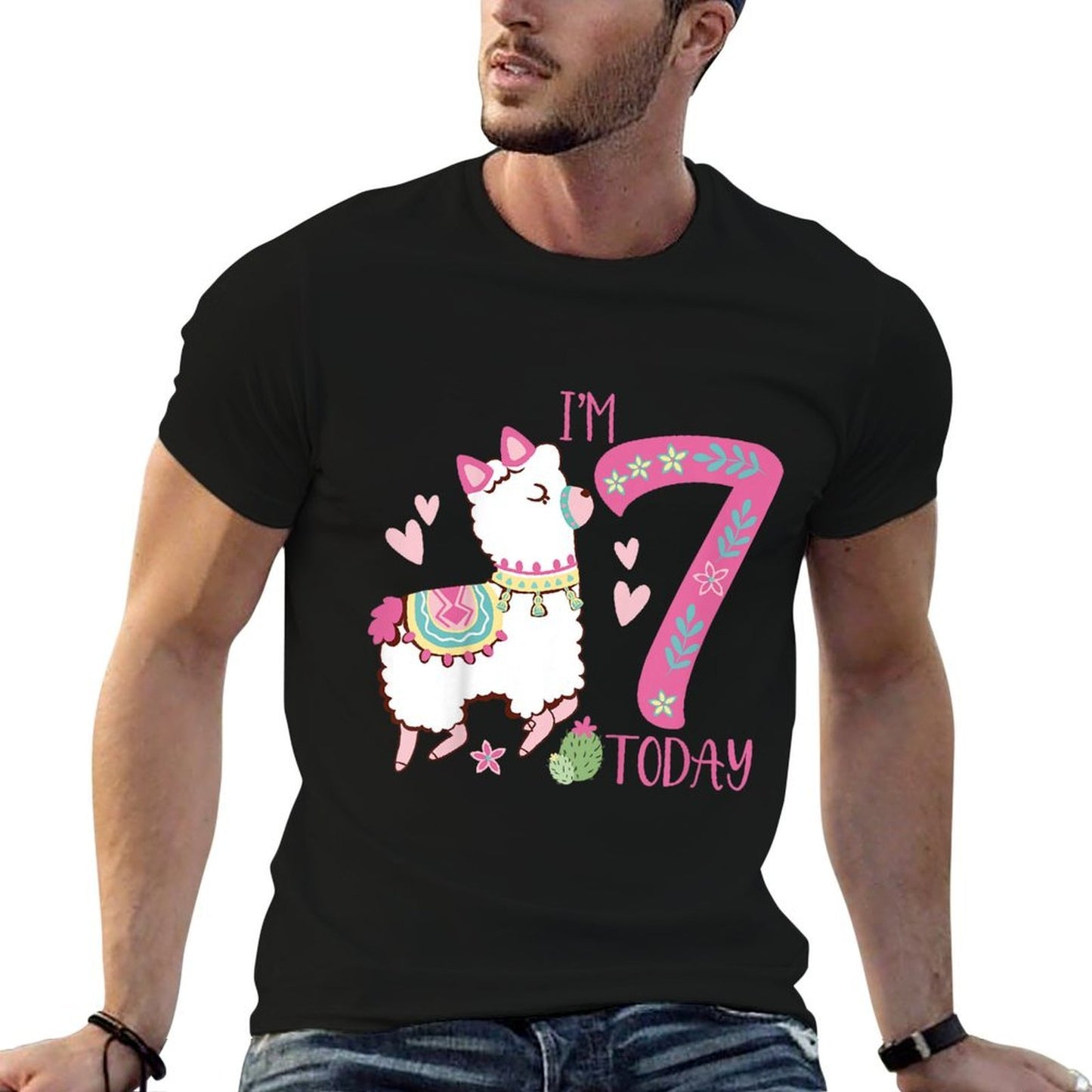 Kids I Am 7 Years Old 7th Birthday Girl Alpaca  Llama  Easy-care T-Shirt