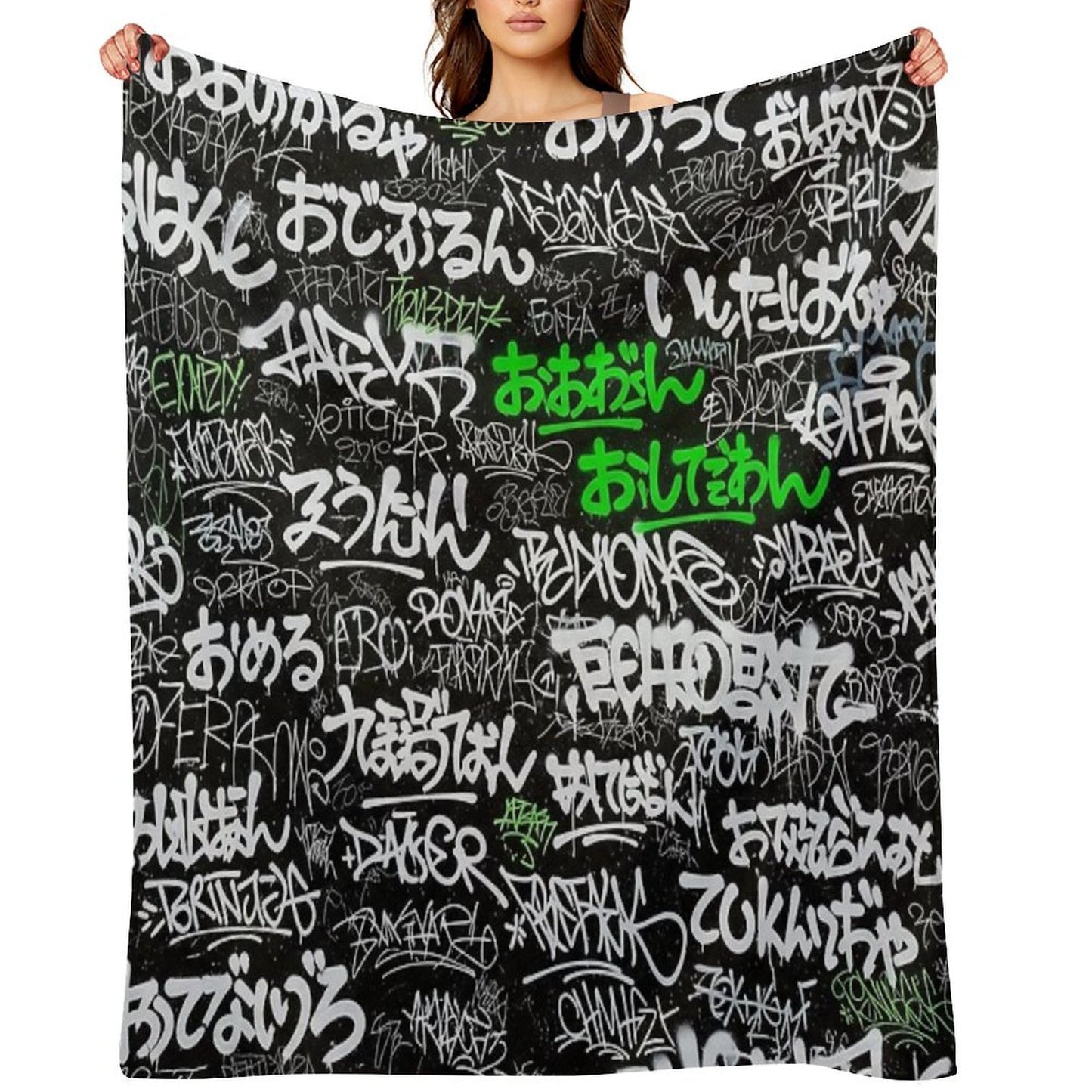 Japanese Graffiti Tags White & Lime Green on Black Sustainable Throw Blanket