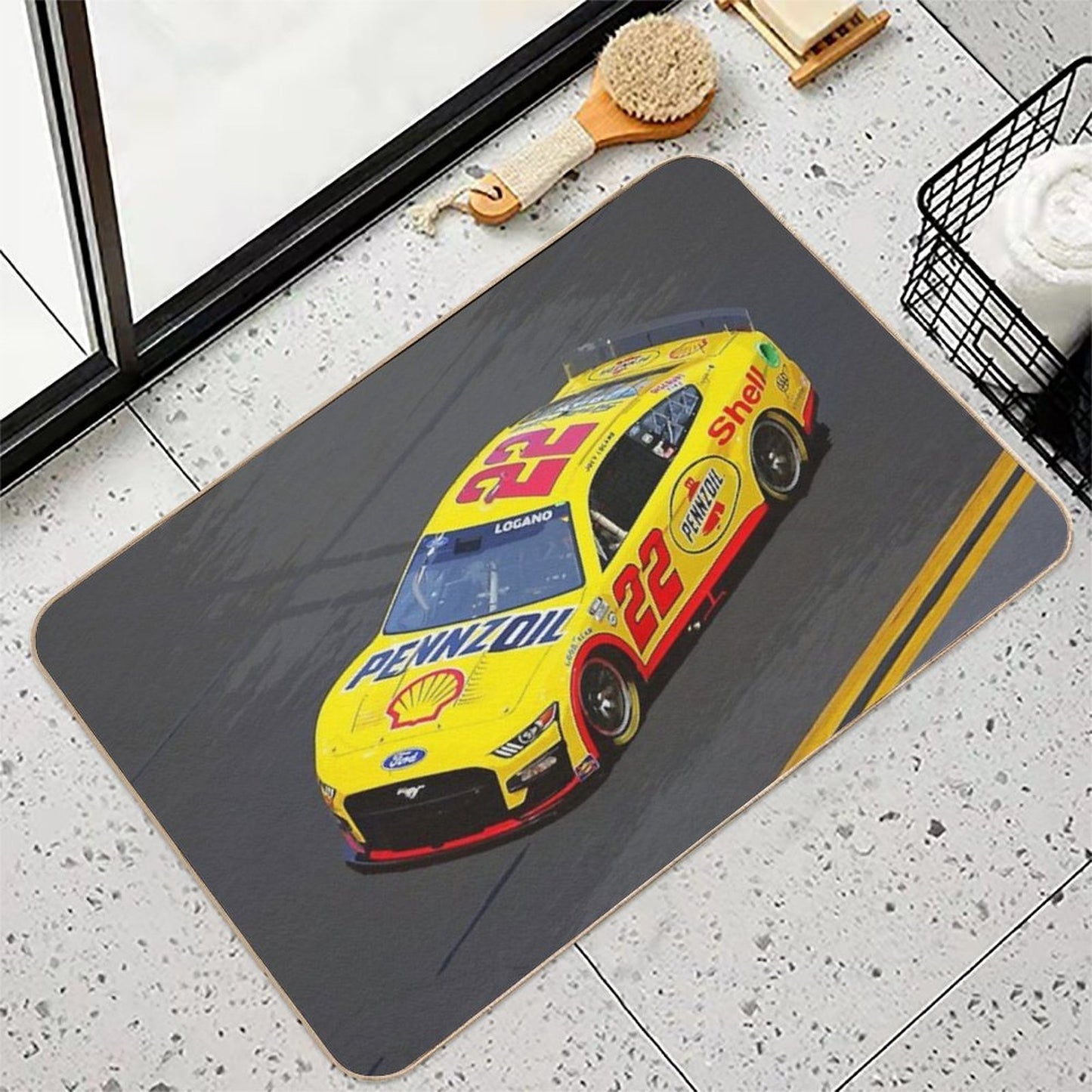 Joey Logano Racing His 2023 Nascar Racecar from Above  Slip-Resistant Bath Mat