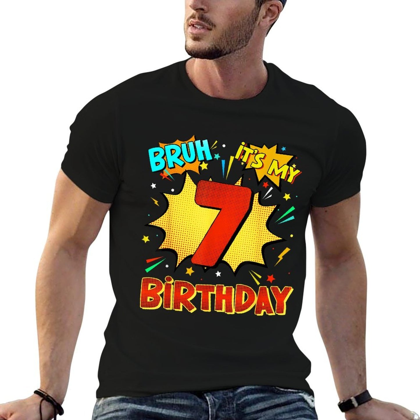 Bruh It's My 7th Birthday 7 Year Old Comic Birthday Party  Ribbed Collar T-Shirt