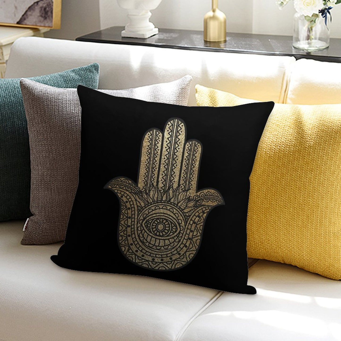 Golden Hamsa Hand Soft Hidden Zipper Throw Pillow