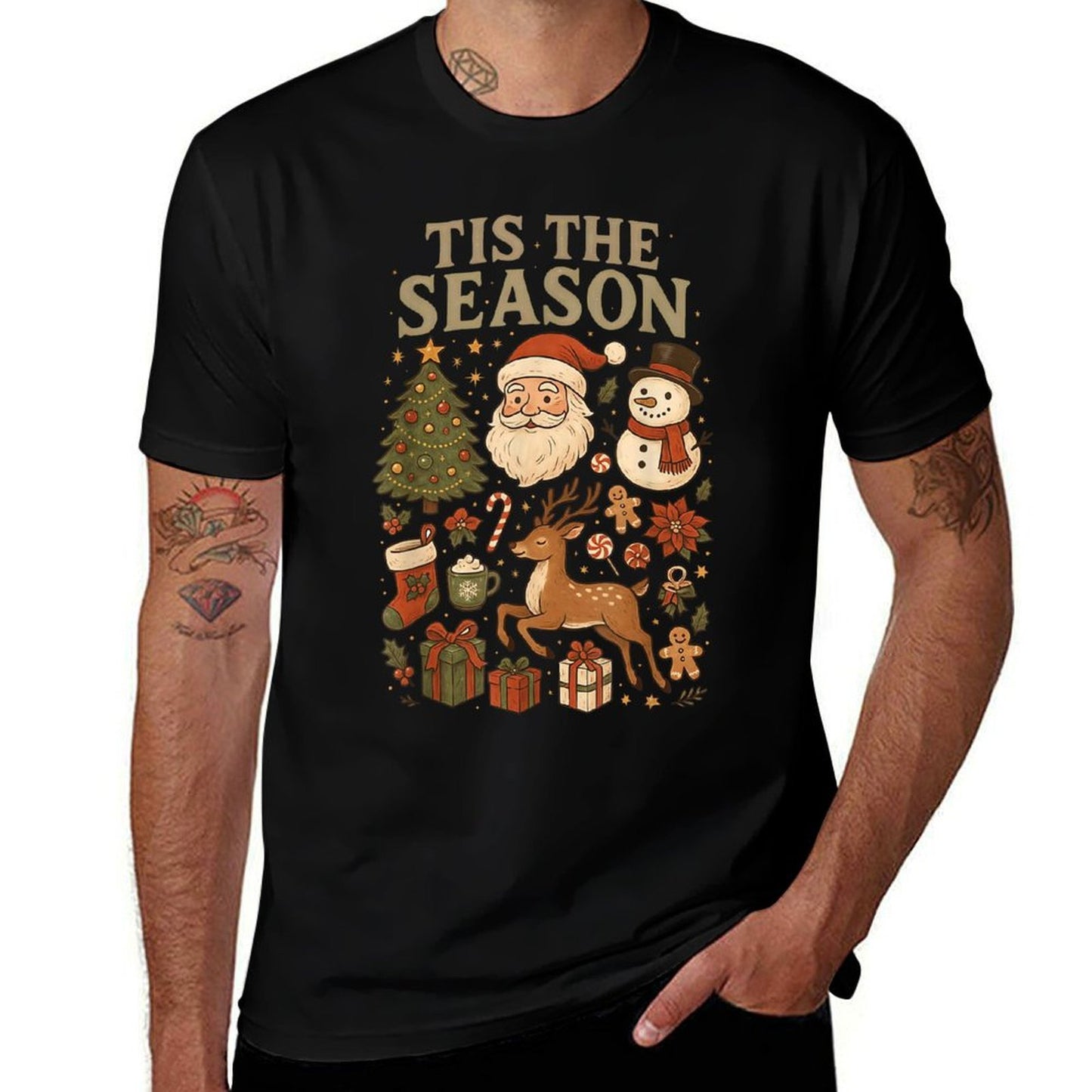 Retro Funny Santa Tis The Season Christmas Doodles Snowman  High-quality Stitching T-Shirt