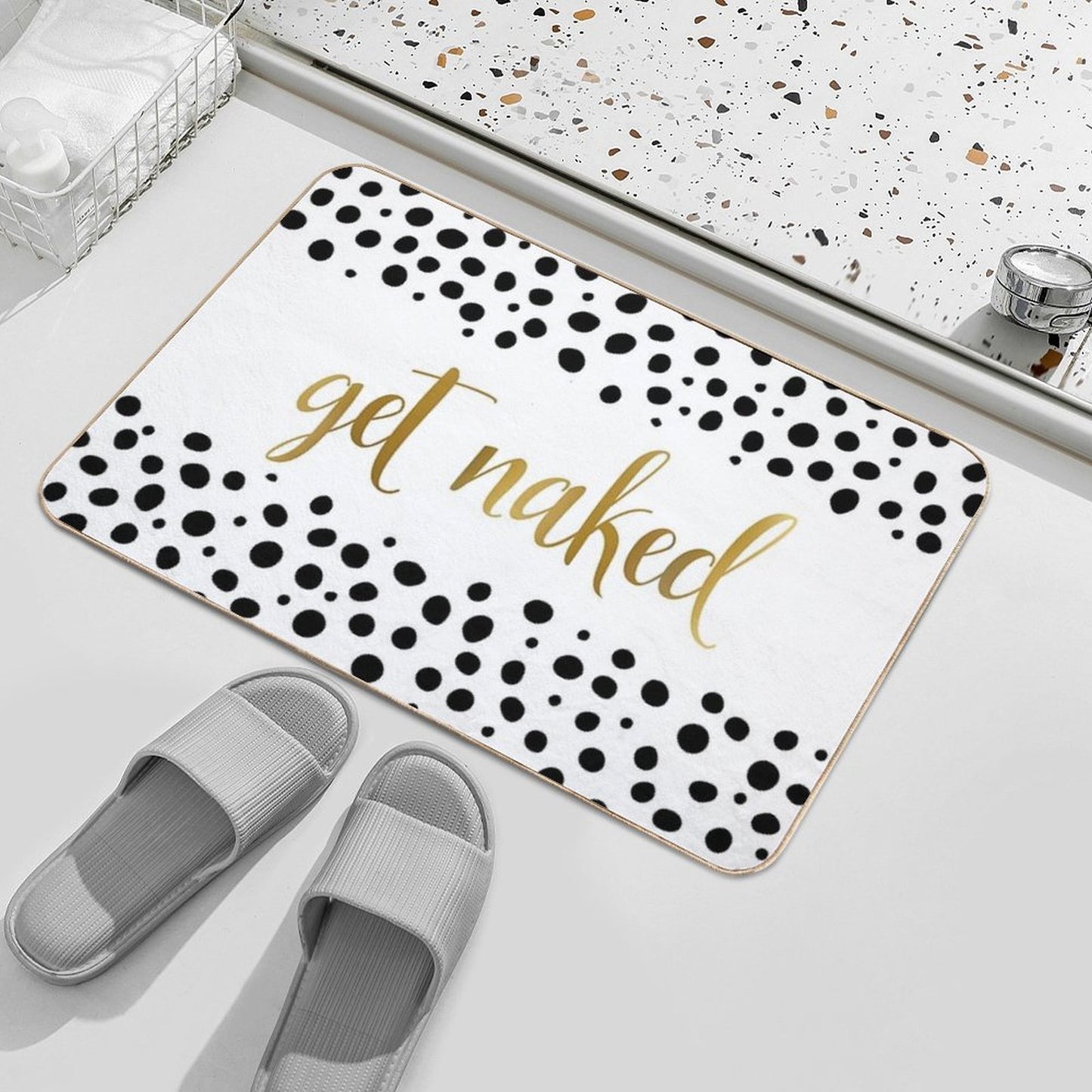 Get Naked, Quote,  Funny Bathroom Decor, Art Print, Black White Dots Durable Bath Mat