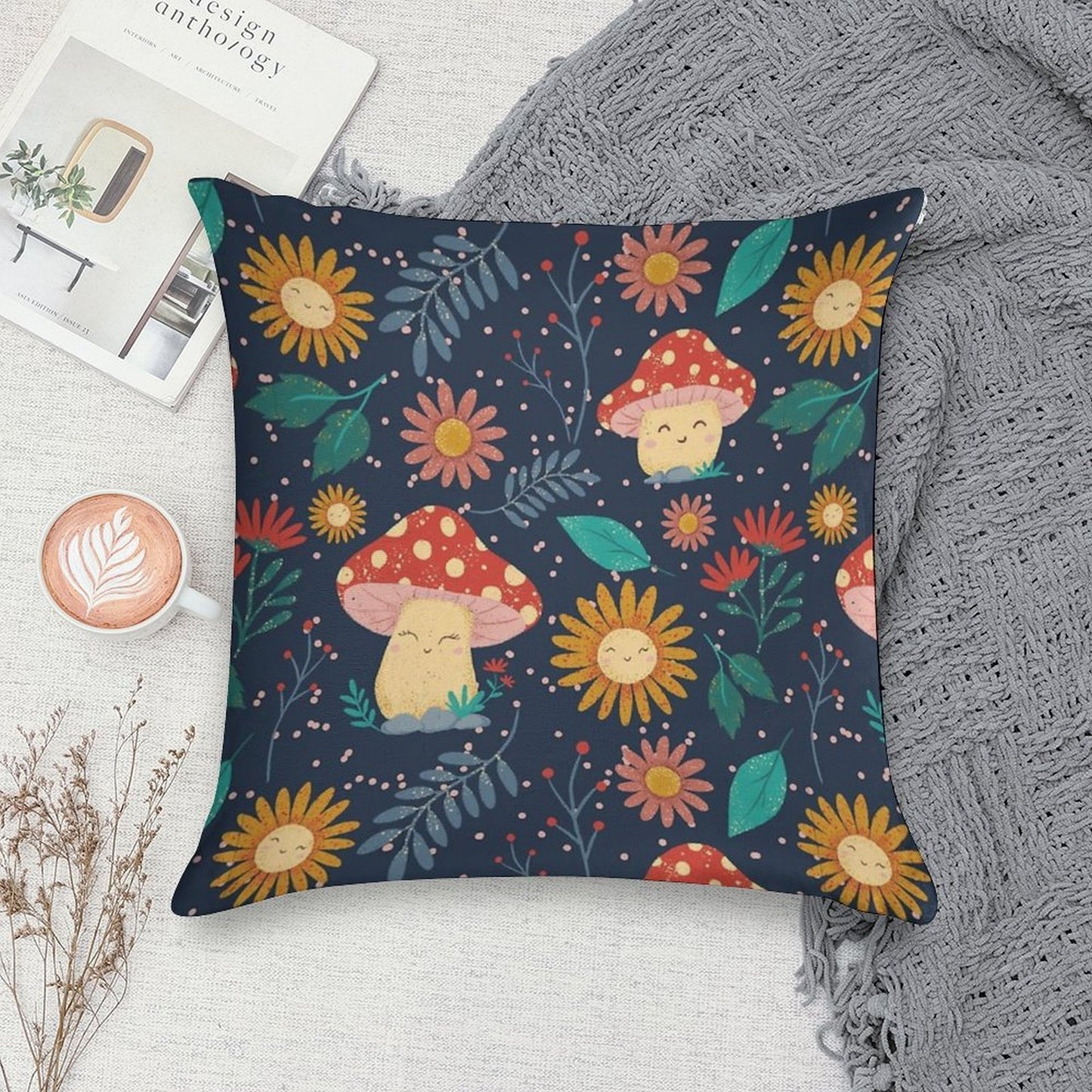 Floral Cute Mushrooms Soft Fade-Resistant Throw Pillow