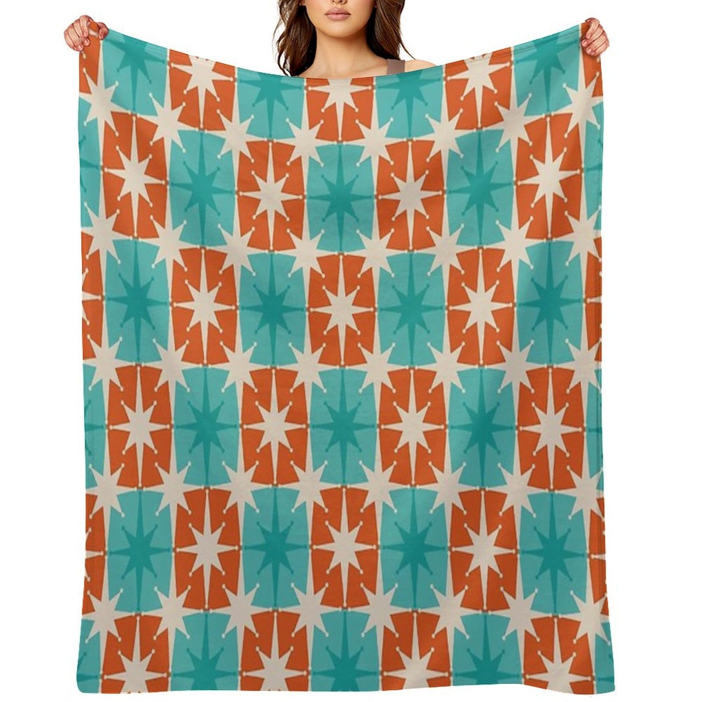 Mid Century Modern Atomic Stars Retro Checkered Starburst Pattern in Teal Turquoise Orange Shrink-resistant Throw Blanket