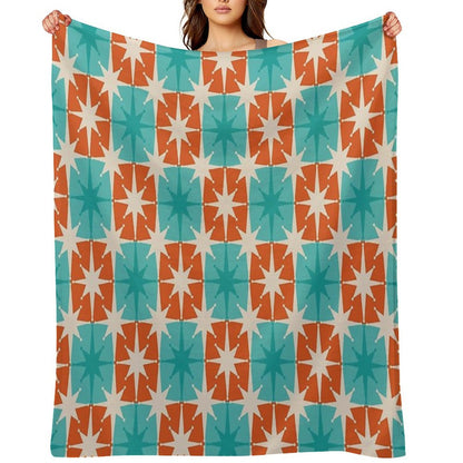 Mid Century Modern Atomic Stars Retro Checkered Starburst Pattern in Teal Turquoise Orange Shrink-resistant Throw Blanket