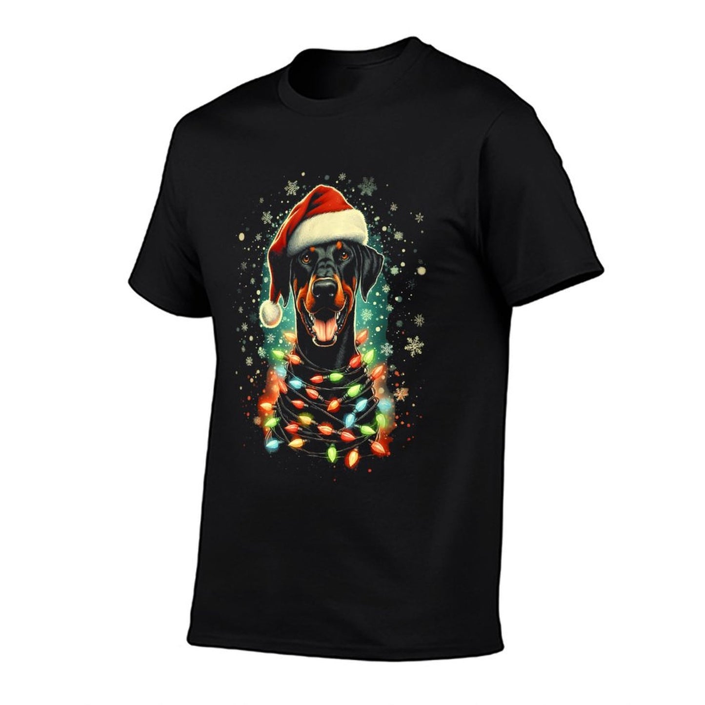 Cute Pinscher Christmas Doberman Dog with Santa Hat  Lights  Quick-drying T-Shirt