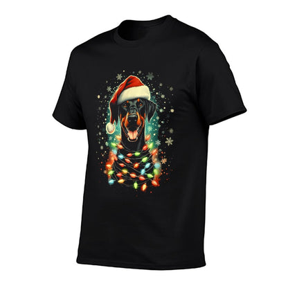 Cute Pinscher Christmas Doberman Dog with Santa Hat  Lights  Quick-drying T-Shirt
