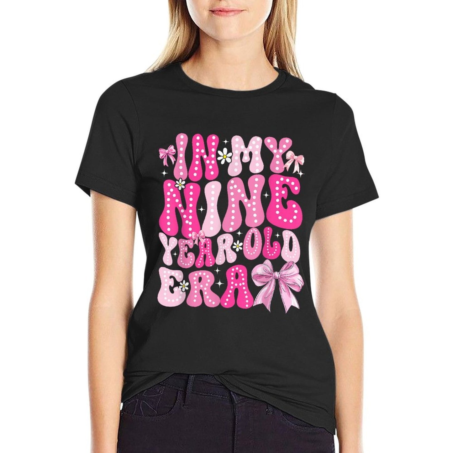 In My Nine Year Old Era 9th Birthday Girl Coquette Bow  Trendy Pattern T-Shirt