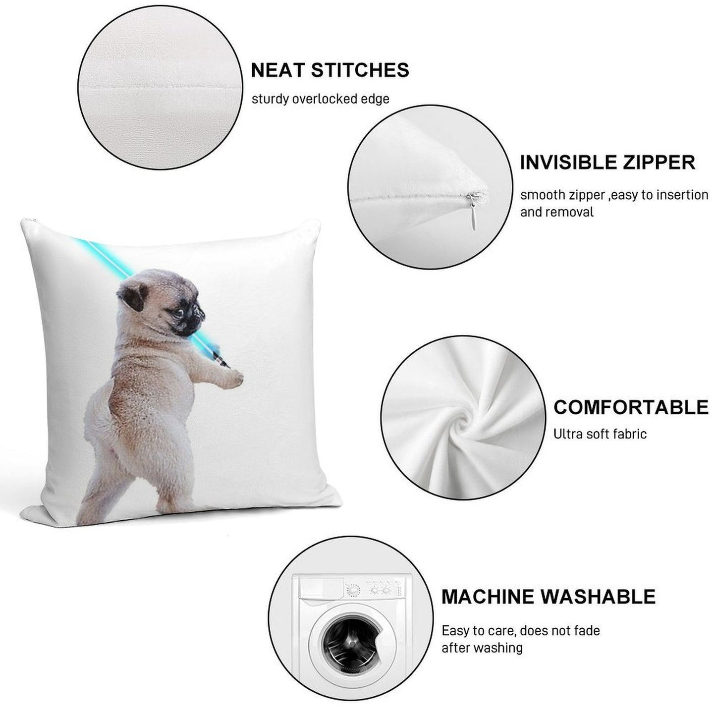 Pug with Lightsaber Soft Short Plush Fabric Throw Pillow