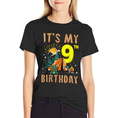 It's My 9th Birthday Camper 9 Year Old Camping Boy Girl Bday  Oversized Silhouette T-Shirt
