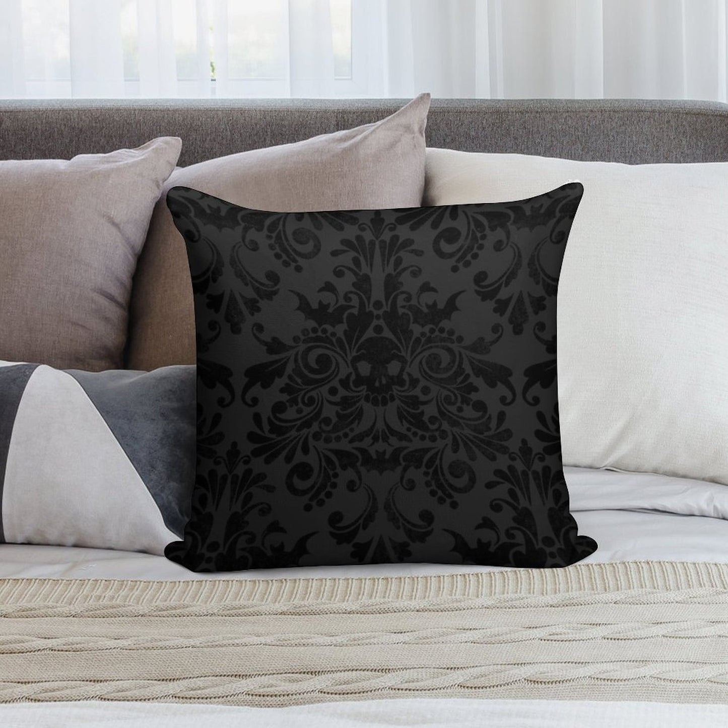 Skull Damask Pattern - Grey Soft Warmth Comfort Throw Pillow