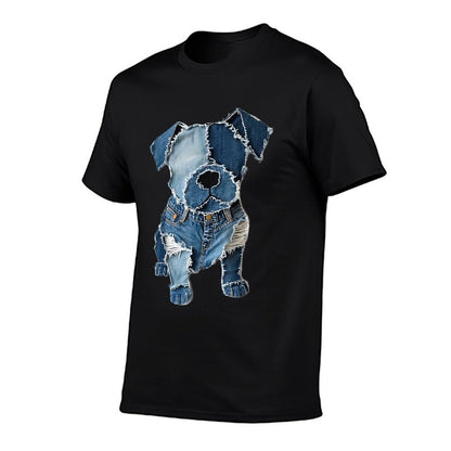 Dog Pattern Denim Patchwork Art  Fade-proof Color T-Shirt