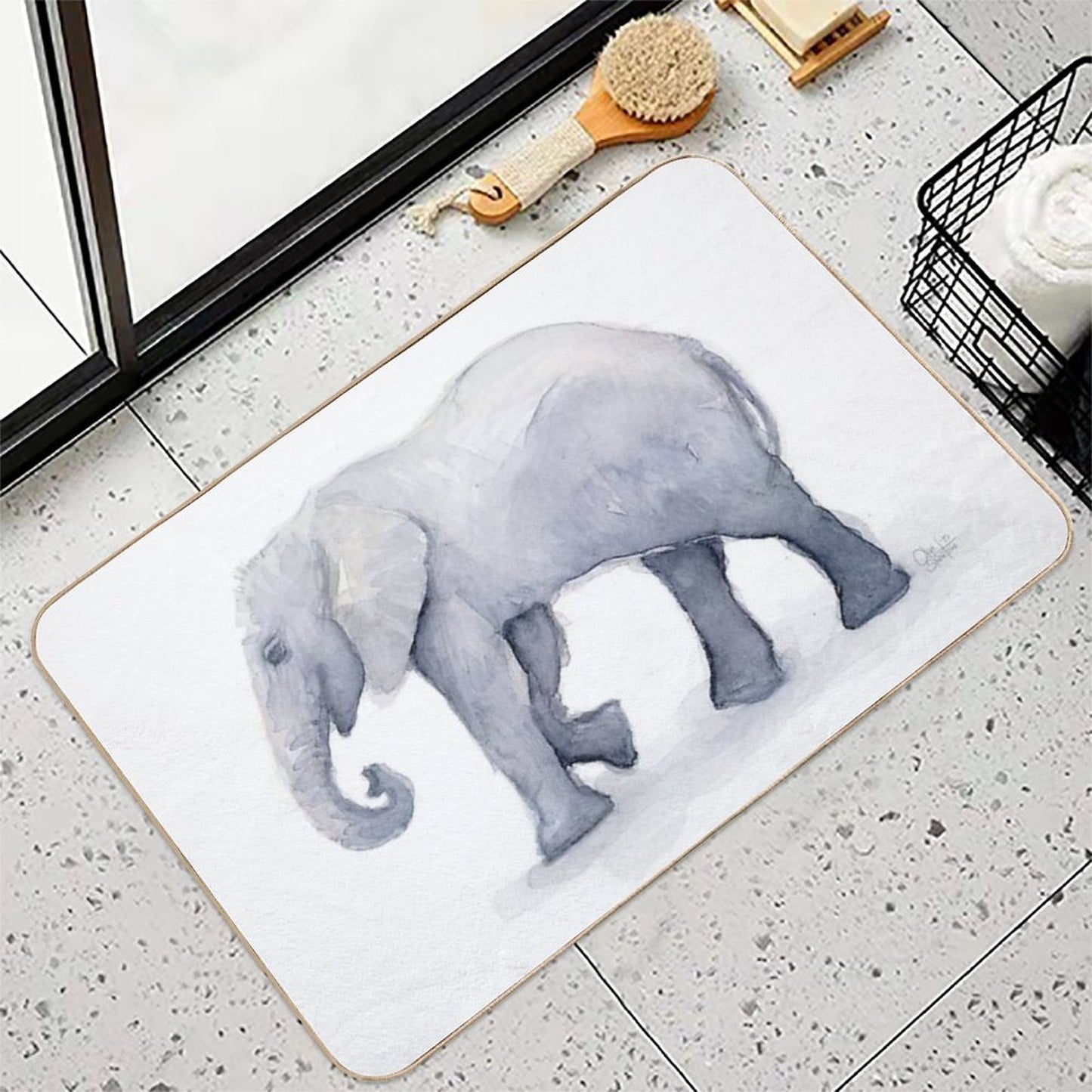 Elephant Watercolor  Rapid-Drying Bath Mat